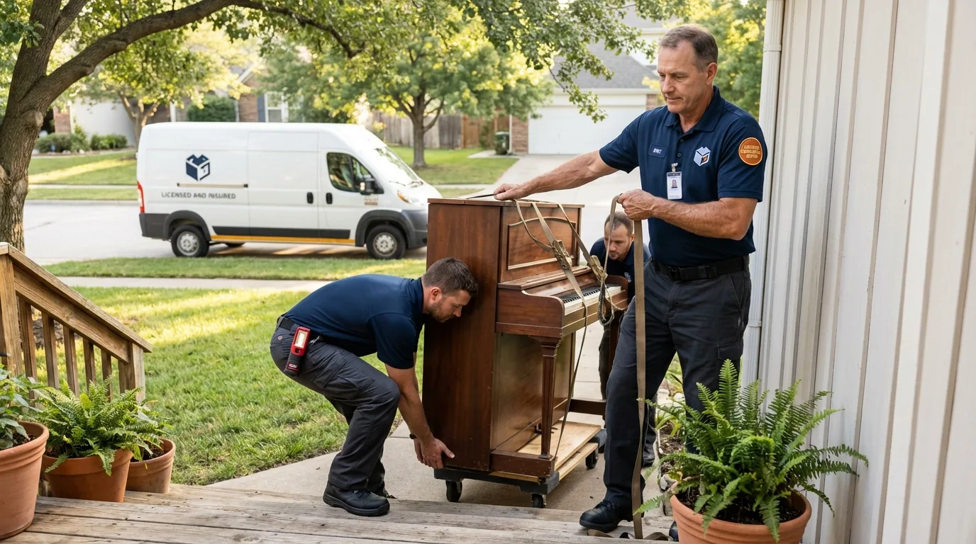 Licensed piano movers securing grand piano in Bloomingdale, NJ