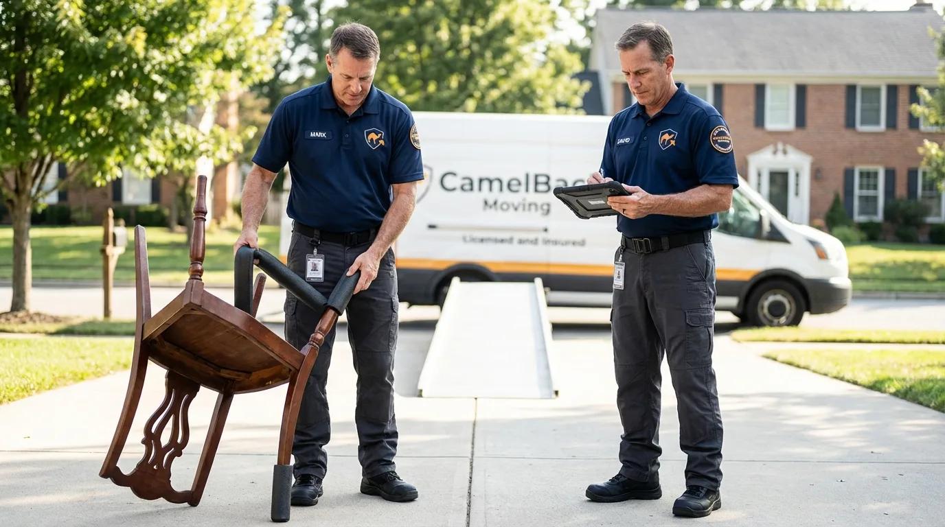 Movers inspecting furniture for damage prevention before loading in Bloomingdale, NJ