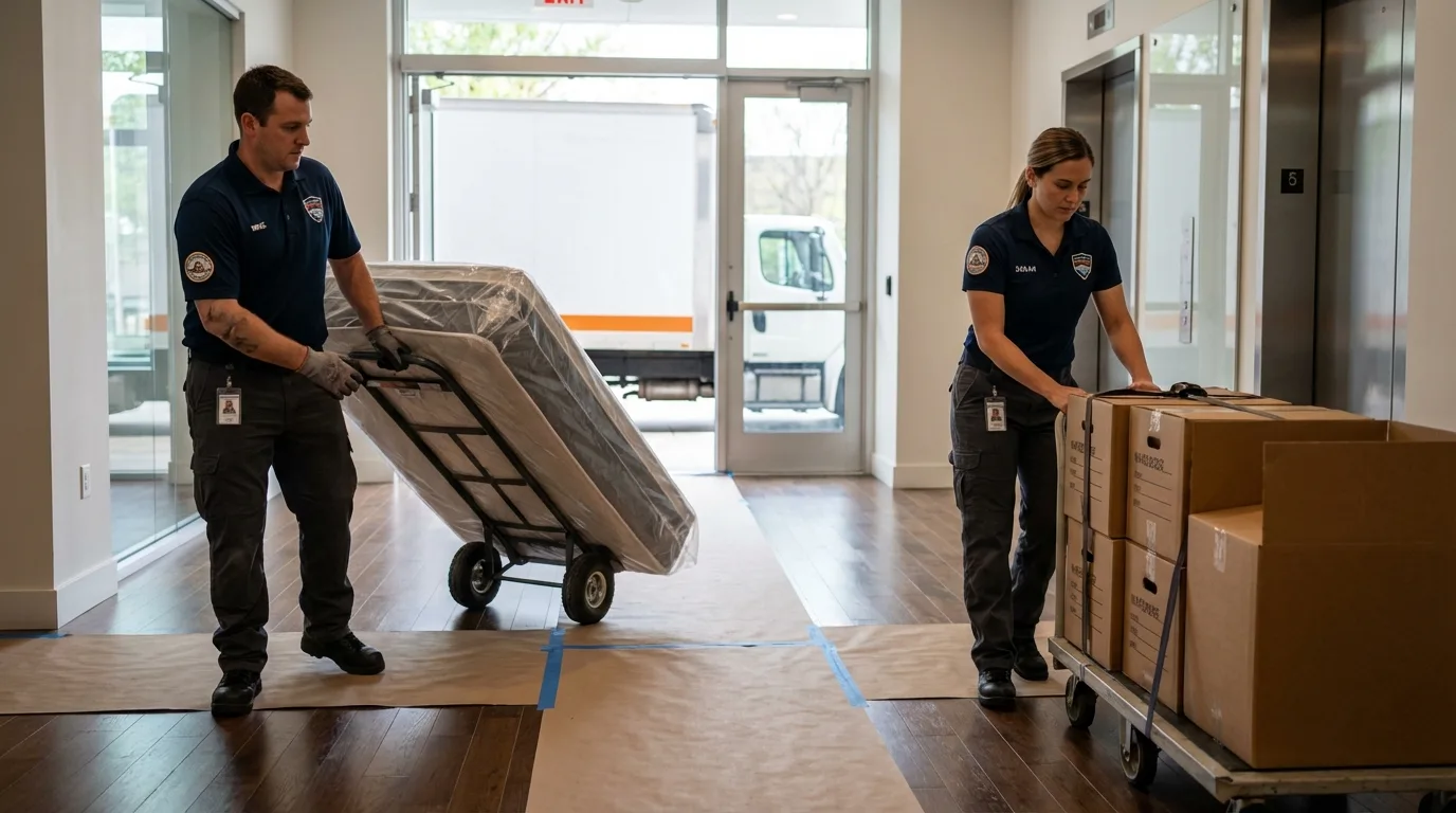 Professional apartment movers loading elevator in Bloomingdale, NJ