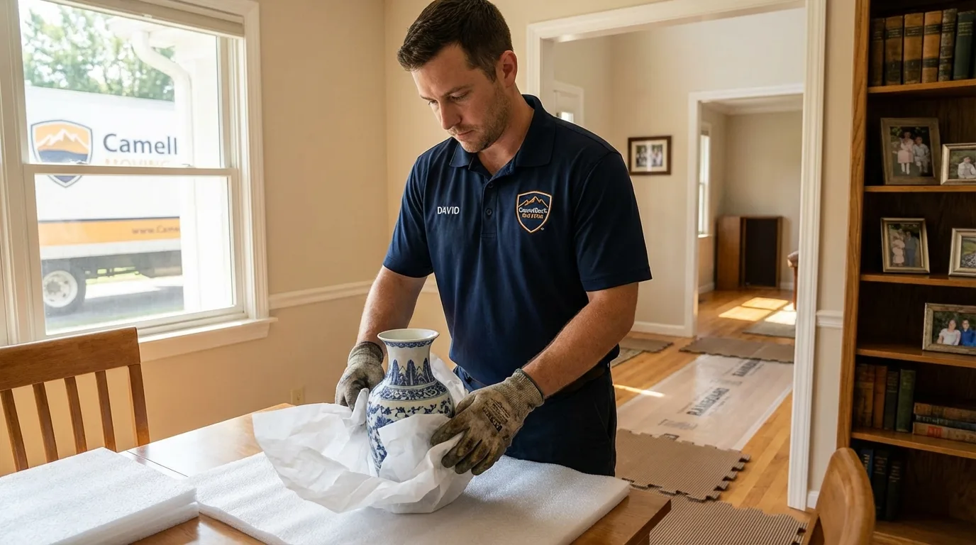 Professional crew carefully wrapping antique vase for senior downsizing move in Bloomingdale, NJ